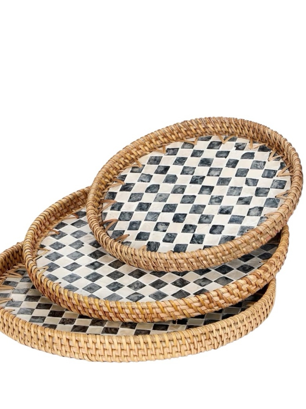 NEW Woven Rattan Tray Set with Black & White Check Inlay - Picture 3 of 3